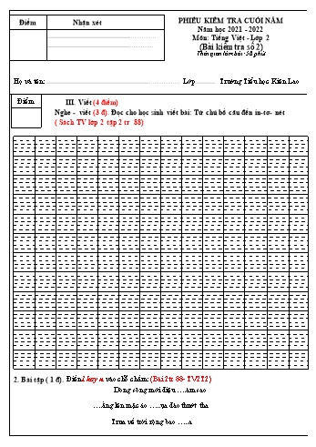 Phiếu kiểm tra cuối năm Tiếng Việt Lớp 2 (Sách Kết nối tri thức) - Đề A - Bài số 2 - Năm học 2021-2022 - Trường Tiểu học Kiên Lao (Có hướng dẫn chấm)