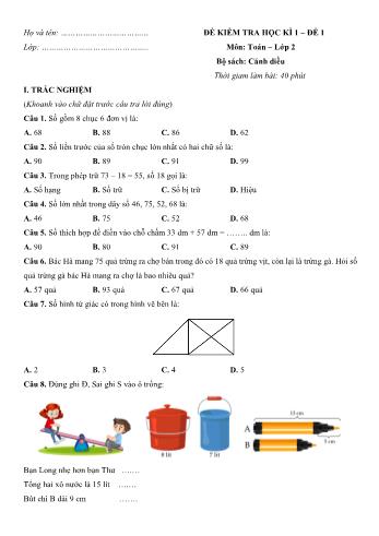 10 Đề kiểm tra học kì 1 Toán Lớp 2 Sách Cánh diều (Có hướng dẫn giải chi tiết)