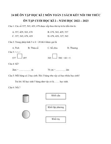 24 Đề ôn tập cuối học kì 2 Toán Lớp 2 (Sách Kết nối tri thức) - Năm học 2022-2023