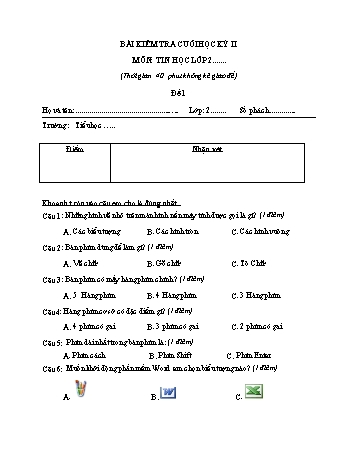 Bài kiểm tra cuối học kì 2 Tin học Lớp 2 (Có đáp án)