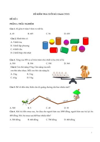 Đề kiểm tra cuối kì 2 Toán Lớp 2 (Sách Chân trời sáng tạo) - Đề số 1 (Có đáp án)