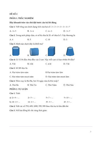 Đề kiểm tra giữa kì 2 Toán Lớp 2 (Sách Cánh diều) - Đề số 2 (Có đáp án)
