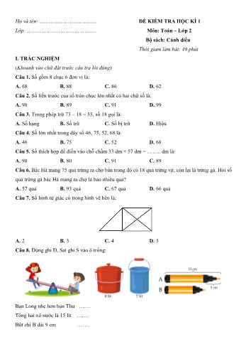 Đề kiểm tra học kì 1 Toán Lớp 2 (Sách Cánh diều) - Đề số 1 (Có hướng dẫn giải chi tiết)