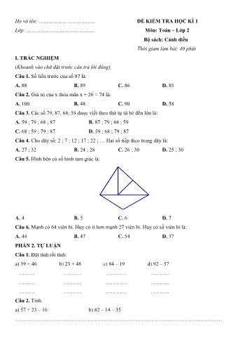 Đề kiểm tra học kì 1 Toán Lớp 2 (Sách Cánh diều) - Đề số 2 (Có hướng dẫn giải chi tiết)