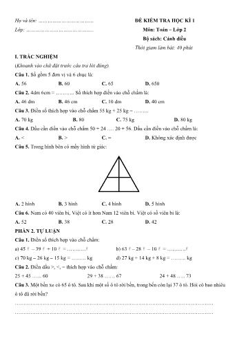 Đề kiểm tra học kì 1 Toán Lớp 2 (Sách Cánh diều) - Đề số 6 (Có hướng dẫn giải chi tiết)