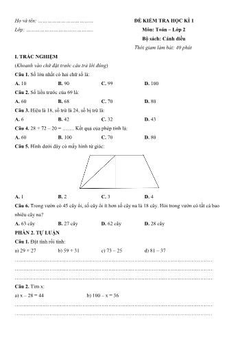 Đề kiểm tra học kì 1 Toán Lớp 2 (Sách Cánh diều) - Đề số 9 (Có hướng dẫn giải chi tiết)