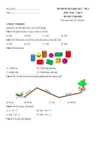 Đề kiểm tra học kì 2 Toán Lớp 2 (Sách Cánh diều) - Đề 1 (Có hướng dẫn giải chi tiết)