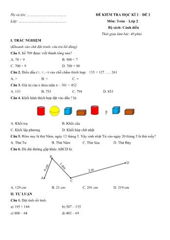 Đề kiểm tra học kì 2 Toán Lớp 2 (Sách Cánh diều) - Đề 2 (Có hướng dẫn giải chi tiết)