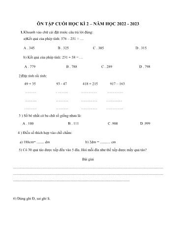 Đề ôn tập cuối học kì 2 Toán Lớp 2 (Sách Kết nối tri thức) - Đề 10 - Năm học 2022-2023