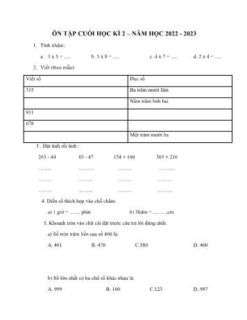 Đề ôn tập cuối học kì 2 Toán Lớp 2 (Sách Kết nối tri thức) - Đề 9 - Năm học 2022-2023