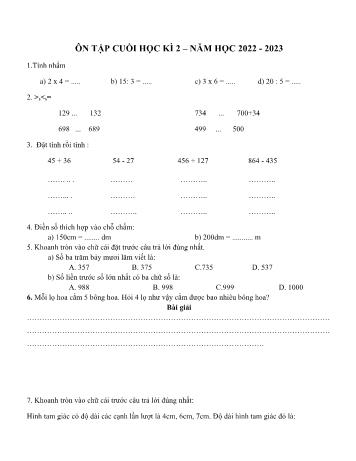 Đề ôn tập cuối học kì 2 Toán Lớp 2 (Sách Kết nối tri thức) - Đề 11 - Năm học 2022-2023