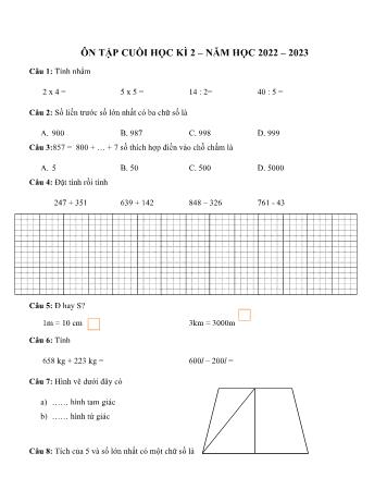 Đề ôn tập cuối học kì 2 Toán Lớp 2 (Sách Kết nối tri thức) - Đề 2 - Năm học 2022-2023