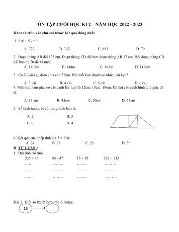 Đề ôn tập cuối học kì 2 Toán Lớp 2 (Sách Kết nối tri thức) - Đề 14 - Năm học 2022-2023