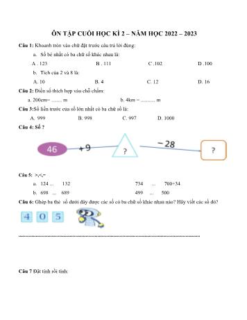 Đề ôn tập cuối học kì 2 Toán Lớp 2 (Sách Kết nối tri thức) - Đề 3 - Năm học 2022-2023