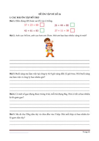 Đề ôn tập hè Toán Lớp 2 - Đề số 16 (Có đáp án)
