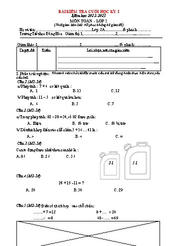 Bài kiểm tra cuối học kì 1 Toán Lớp 2 theo thông tư 27 (Sách Kết nối tri thức) - Năm học 2022-2023 (Có đáp án)