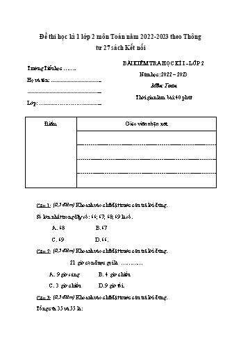 Bài kiểm tra học kì 1 Toán Lớp 2 theo thông tư 27 (Sách Kết nối tri thức) - Năm học 2022-2023 (Có hướng dẫn chấm)