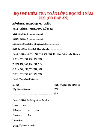 Bộ 5 đề kiểm tra học kì 2 Toán Lớp 2 - Năm học 2021-2022 (Có đáp án)