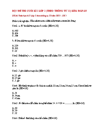 Bộ 5 đề thi cuối học kì 2 Toán Lớp 2 theo thông tư 22 (Phần 1) - Năm học 2021-2022 (Có đáp án)