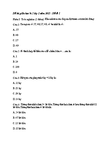Bộ đề thi giữa học kì 1 Toán Lớp 2 - Năm học 2021-2022 (Có đáp án)