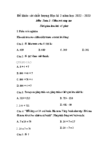 Đề khảo sát chất lượng học kì 2 Toán Lớp 2 (Sách Chân trời sáng tạo) - Năm học 2022-2023 (Có đáp án)
