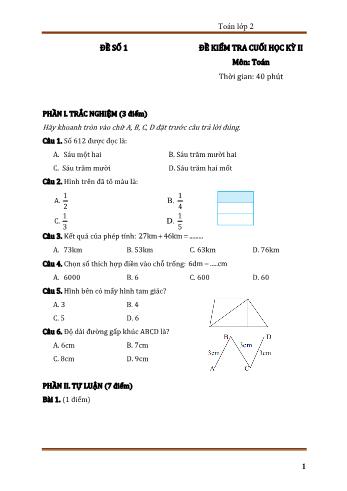 Đề kiểm tra cuối học kì 2 môn Toán Lớp 2 - Đề số 1 (Có đáp án)