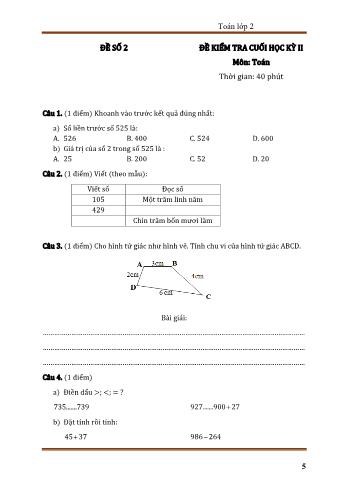 Đề kiểm tra cuối học kì 2 môn Toán Lớp 2 - Đề số 2 (Có đáp án)
