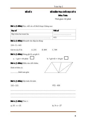 Đề kiểm tra cuối học kì 2 môn Toán Lớp 2 - Đề số 3 (Có đáp án)