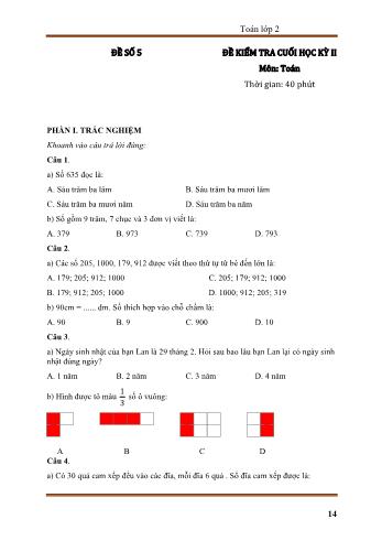 Đề kiểm tra cuối học kì 2 môn Toán Lớp 2 - Đề số 5 (Có đáp án)