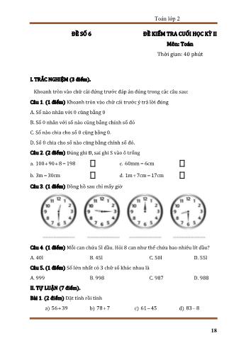 Đề kiểm tra cuối học kì 2 môn Toán Lớp 2 - Đề số 6 (Có đáp án)