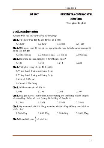 Đề kiểm tra cuối học kì 2 môn Toán Lớp 2 - Đề số 7 (Có đáp án)