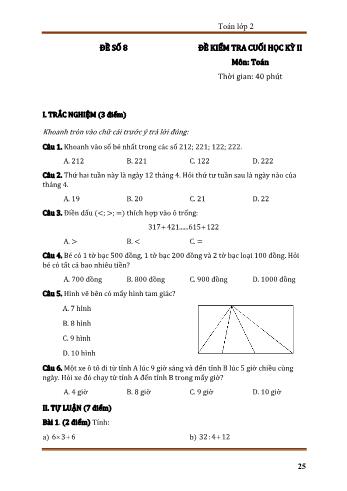 Đề kiểm tra cuối học kì 2 môn Toán Lớp 2 - Đề số 8 (Có đáp án)