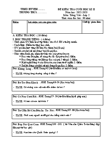 Đề kiểm tra cuối học kì 2 Tiếng Việt Lớp 2 (Sách Kết nối tri thức) - Năm học 2022-2023 (Có ma trận và hướng dẫn chấm)