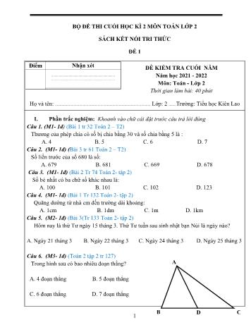 Đề kiểm tra cuối năm Toán Lớp 2 - Đề 1 - Năm học 2021-2022 (Có hướng dẫn chấm)