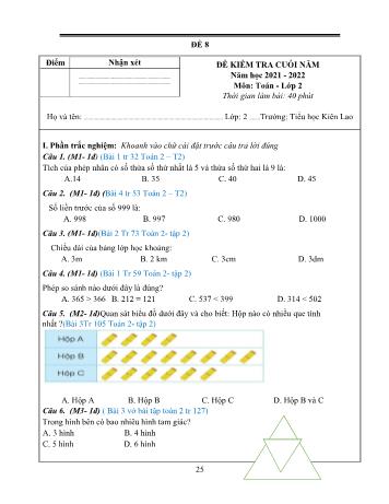 Đề kiểm tra cuối năm Toán Lớp 2 - Đề 8 - Năm học 2021-2022 (Có hướng dẫn chấm)