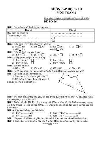 Đề ôn tập học kì 2 Toán Lớp 2 - Đề số 06