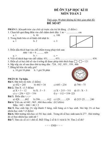 Đề ôn tập học kì 2 Toán Lớp 2 - Đề số 07