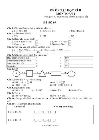 Đề ôn tập học kì 2 Toán Lớp 2 - Đề số 09