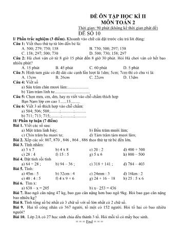 Đề ôn tập học kì 2 Toán Lớp 2 - Đề số 10