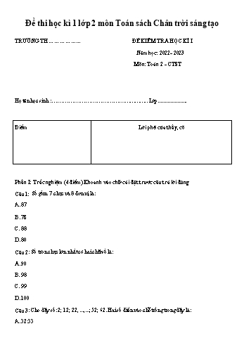 Đề thi học kì 1 Toán Lớp 2 (Sách Chân trời sáng tạo) - Năm học 2022-2023 (Có đáp án)