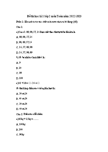 Đề thi học kì 1 Toán Lớp 2 (Sách Chân trời sáng tạo) - Năm học 2022-2023 (Có đáp án cụ thể)