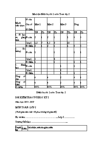 Đề thi học kì 1 Toán Lớp 2 theo thông tư 27 (Sách Kết nối tri thức) - Năm học 2022-2023 (Có ma trận và đáp án)