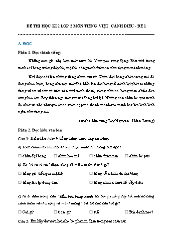 Đề thi học kì 2 môn Tiếng Việt Lớp 2 (Sách Cánh diều) - Đề 1 (Có đáp án)