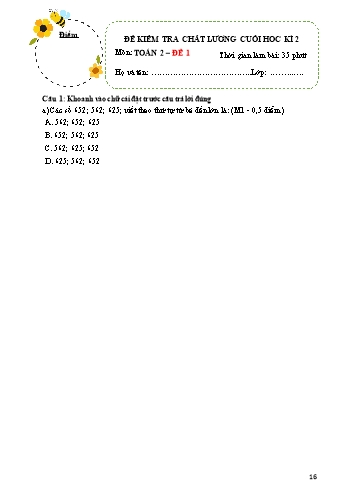 Đề thi học kì 2 Toán Lớp 2 Sách Cánh diều (Có đáp án)