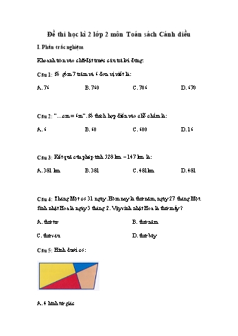Đề thi học kì 2 Toán Lớp 2 (Sách Cánh diều) - Đề 1 (Có đáp án)