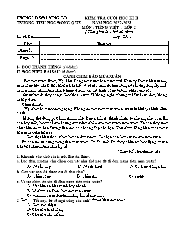 Kiểm tra cuối học kì 2 Tiếng Việt 2 - Năm học 2022-2023 - Trường Tiểu học Đồng Quế (Có đáp án)