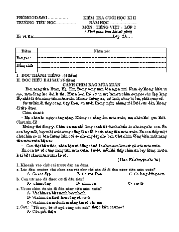 Kiểm tra cuối học kì 2 Tiếng Việt 2 Sách Cánh diều (Có đáp án)