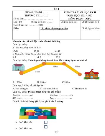 Kiểm tra cuối học kì 2 Toán Lớp 2 - Đề 4 - Năm học 2021-2022 (Có hướng dẫn chấm)