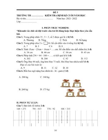 Kiểm tra định kì cuối năm Toán Lớp 2 - Đề 5 - Năm học 2021-2022 (Có đáp án)