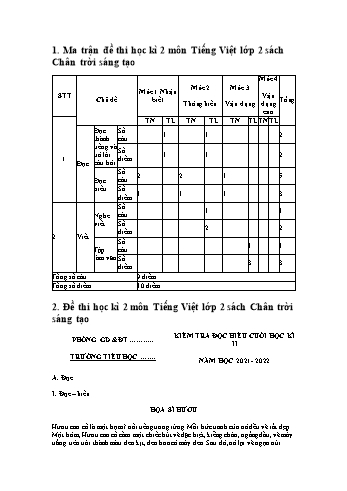 Kiểm tra đọc hiểu cuối học kì 2 Tiếng Việt 2 (Sách Chân trời sáng tạo) - Năm học 2021-2022 (Có ma trận và đáp án)